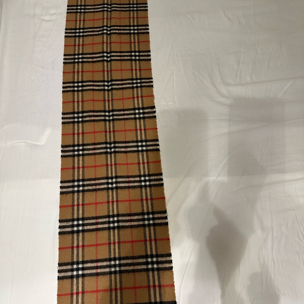 Burberry Tan and Black Plaid Scarf with Red Stripe